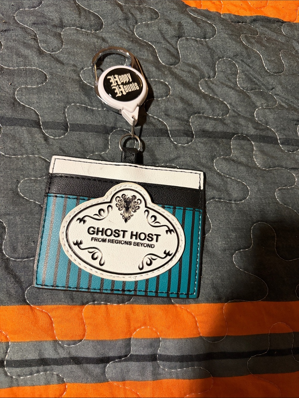Ghost Host Striped Card Holder Badge Reel Teal and Black Disney Haunted Mansion